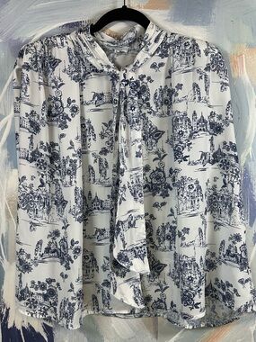 Fate Blue White Toile Blouse L Floral Scenic Print European French Country